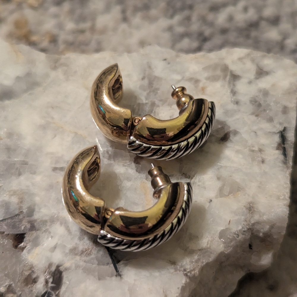 RARE Vintage Signed Erwin Pearl Gold/Silver Tone Cable Chunky Pierced Earrings - Picture 4 of 8